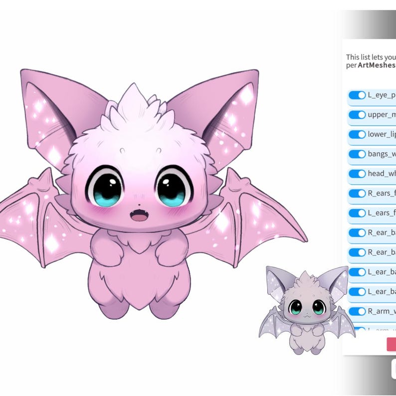 May include: A charming pink cartoon bat with big eyes and glittery wings. The bat has a fluffy body and is standing. A smaller version of the bat is also shown. The background is white.