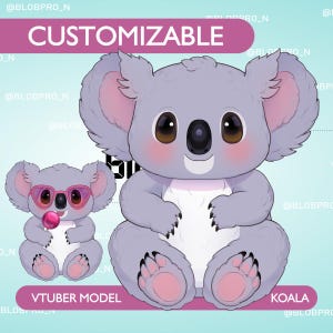 May include: A customisable koala VTuber model with a pink nose and blush. The koala is sitting with its arms crossed and has a friendly expression. The image also includes a smaller koala wearing sunglasses and holding a lollipop.