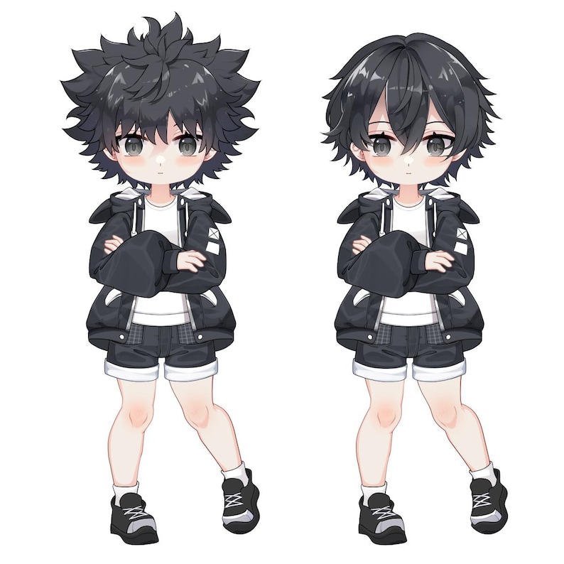 May include: Two illustrations of a cartoon boy with black hair wearing a black and white jacket, white shirt, and black and white shorts. The boy on the left has messy hair and the boy on the right has neat hair.