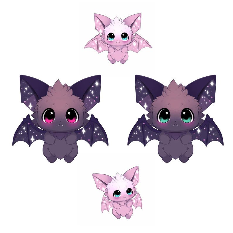 May include: Four cartoon bats in shades of purple and pink are depicted against a white background. The bats have large eyes, pointed ears, and star-studded wings. Two bats have pink eyes, one has green eyes, and two are pink.