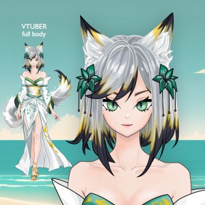 Live2D Vtuber Model - Kitsune Girl Model for Vtube Studio, White Fox Girl Full Body, Premade Female, Fully Rigged, ready to use, commercial