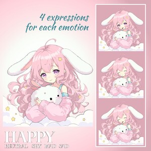 May include: A digital illustration of a pink-haired anime character with bunny ears, holding a white plush bunny. The character is wearing a pink sweater and has a happy expression. The background is a light pink with white clouds and stars. The text "4 expressions for each emotion" and "HAPPY" are also visible.