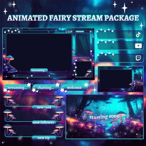 Twitch Overlay Stream Package Fairy Cozy Forest com cogumelos mágicos, telas animadas, alertas, conjunto de streaming, tema escuro, noite