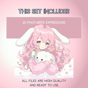 May include: A digital illustration of a pink-haired anime character with bunny ears, holding a white plush toy. The image includes the text "THIS SET INCLUDES 20 PNGTUBERS EXPRESSIONS ALL FILES ARE HIGH QUALITY AND READY TO USE".