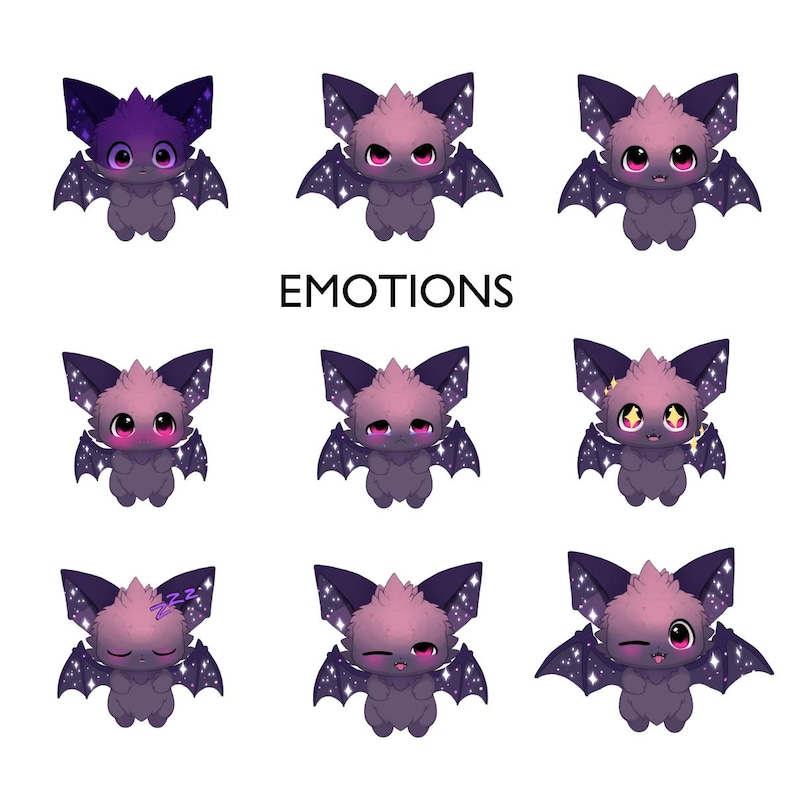 May include: Nine cartoon bats with different expressions. Each bat features purple and pink fur, large eyes, and wings decorated with stars. The word "EMOTIONS" is written in black capital letters.