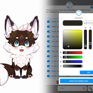 K&ouml;nnte beinhalten: Eine digitale Illustration eines Cartoon-Fuchses mit braunem, wei&szlig;em und schwarzem Fell. Der Fuchs sitzt mit seinem Schwanz hinter sich eingerollt. Das Bild wird von einer digitalen Farbpalette mit Schiebereglern f&uuml;r Farbton, S&auml;ttigung und Helligkeit begleitet. Die Farbpalette ist mit "Multiplizieren" beschriftet und hat einen Farbcode von #27271.