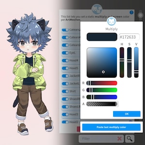 May include: A digital illustration of a cartoon character with blue hair, green eyes, and a green jacket. The character is wearing brown pants and black shoes. The image includes a color picker tool with a blue color selected and the hex code #172633.
