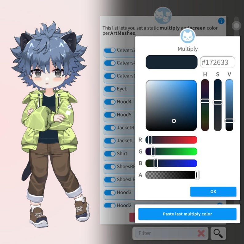 May include: A digital illustration of a cartoon character with blue hair, green eyes, and a green jacket. The character is wearing brown pants and black shoes. The image includes a color picker tool with a blue color selected and the hex code #172633.