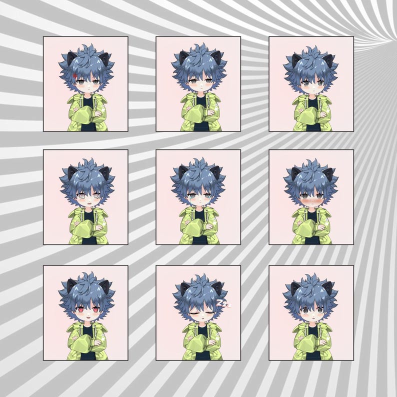 May include: Nine digital illustrations of a blue-haired character with cat ears wearing a green jacket. The character has different facial expressions, including surprised, angry, sad, and sleepy.
