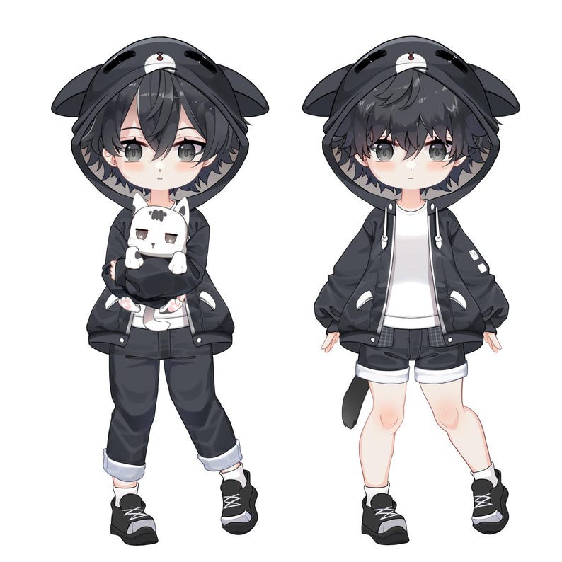 May include: Two cartoon characters wearing black and white cat-hooded jackets. One character is holding a white stuffed cat. Both characters are wearing black pants and black and white sneakers.