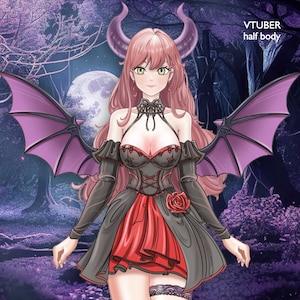 VTuber Model Premade - Succubus Demon Girl with purple wings for Vtube Studio, pink hair, half body character, Live2d model, ready to use