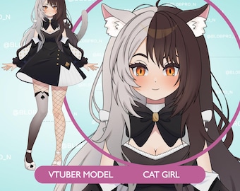 Alice Premade Vtuber Model – Cat Girl Model – Spade Cat Girl - Black & White – Live2D Model – Cat FeMale – Anime Naughty Doll – Light Goth