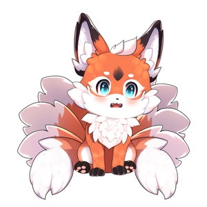 K&ouml;nnte beinhalten: Eine Cartoon-Illustration eines niedlichen orangefarbenen und wei&szlig;en Fuchses mit neun flauschigen Schw&auml;nzen. Der Fuchs hat gro&szlig;e blaue Augen und eine rosa Nase.