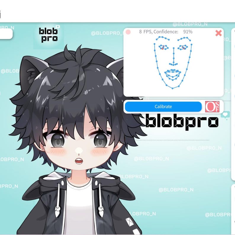 May include: A cartoon illustration of a person with black hair and cat ears wearing a black hoodie with a white shirt underneath. The image is from a software program that tracks facial features and displays them as blue dots.