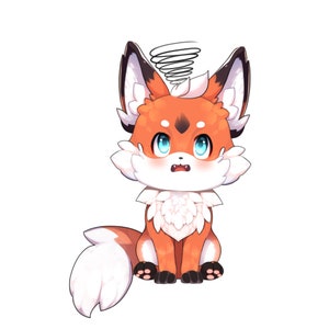 K&ouml;nnte beinhalten: Ein Cartoon-Fuchs mit orangefarbenem und wei&szlig;em Fell, blauen Augen und einem verwirrten Gesichtsausdruck. Der Fuchs sitzt mit seinem Schwanz hinter sich eingerollt.