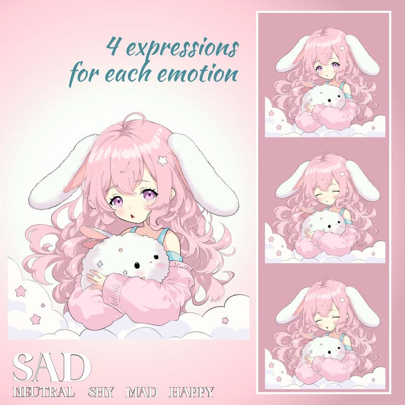 May include: A digital illustration of a pink-haired anime girl with bunny ears holding a white plush toy. The girl has different facial expressions in four separate images, labeled "Neutral", "Shy", "Mad", and "Happy". The text "4 expressions for each emotion" is at the top of the image.