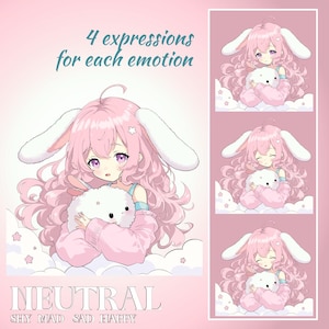 May include: A pink anime character with bunny ears holds a white plush toy. The character has pink hair, purple eyes, and is wearing a pink sweater. The background is pink with white clouds and stars. The text "4 expressions for each emotion" and "NEUTRAL" are visible. The words "SHY MAD SAD HAPPY" are also visible.