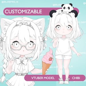 Puede incluir: Un modelo de VTuber chibi blanco personalizable con dos atuendos para elegir. El primer atuendo presenta un vestido blanco con un lazo y gafas. El segundo atuendo presenta una camiseta blanca y pantalones cortos. Ambos modelos sostienen un cono de helado rosa con una fresa en la parte superior.