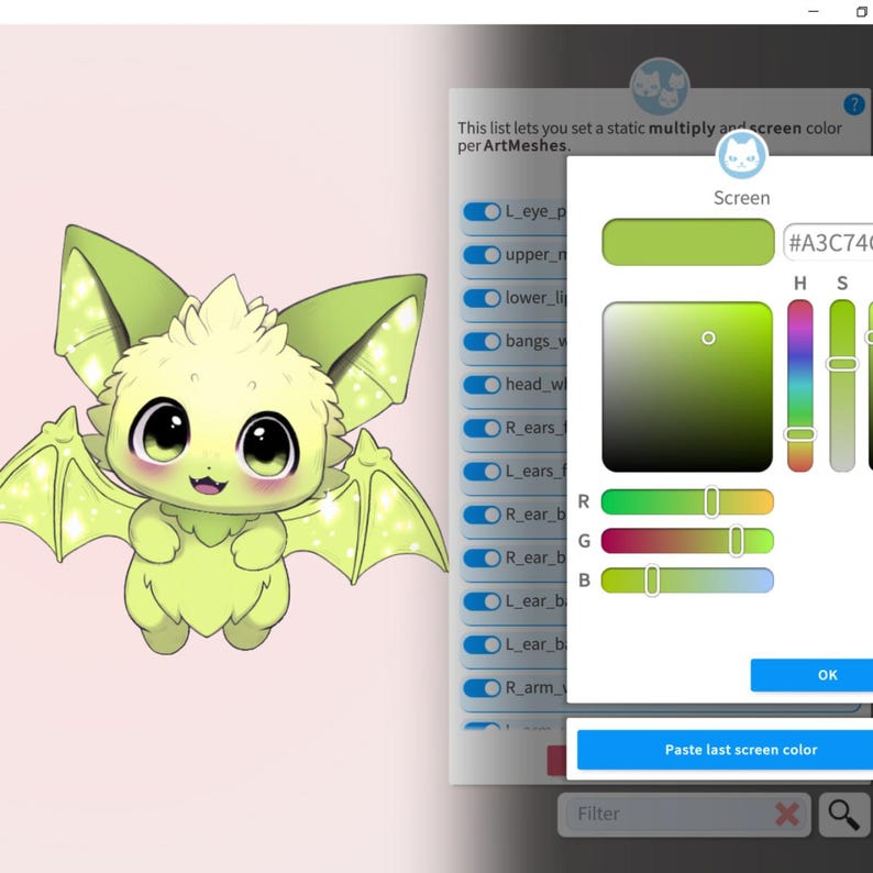 May include: A cartoon illustration of a lime green bat-like creature with large eyes and wings. The creature is set against a pink background, with a software interface on the right side of the image.