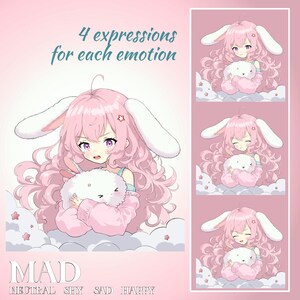 May include: A digital illustration of a pink-haired anime character with bunny ears, holding a white plush toy. The character has different facial expressions, including neutral, shy, sad, and happy. The text "MAD" is at the bottom of the image, with the words "NEUTRAL SHY SAD HAPPY" below it.