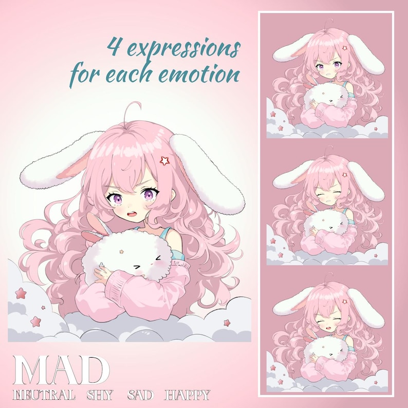 May include: A digital illustration of a pink-haired anime character with bunny ears, holding a white plush toy. The character has different facial expressions, including neutral, shy, sad, and happy. The text "MAD" is at the bottom of the image, with the words "NEUTRAL SHY SAD HAPPY" below it.