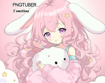 PNGTuber Avatar Bunny Girl Model, Pink Girl Veadotube Model, Female Animated 2D Premade PNG Tuber model 5 Emotions, Girl Vtuber