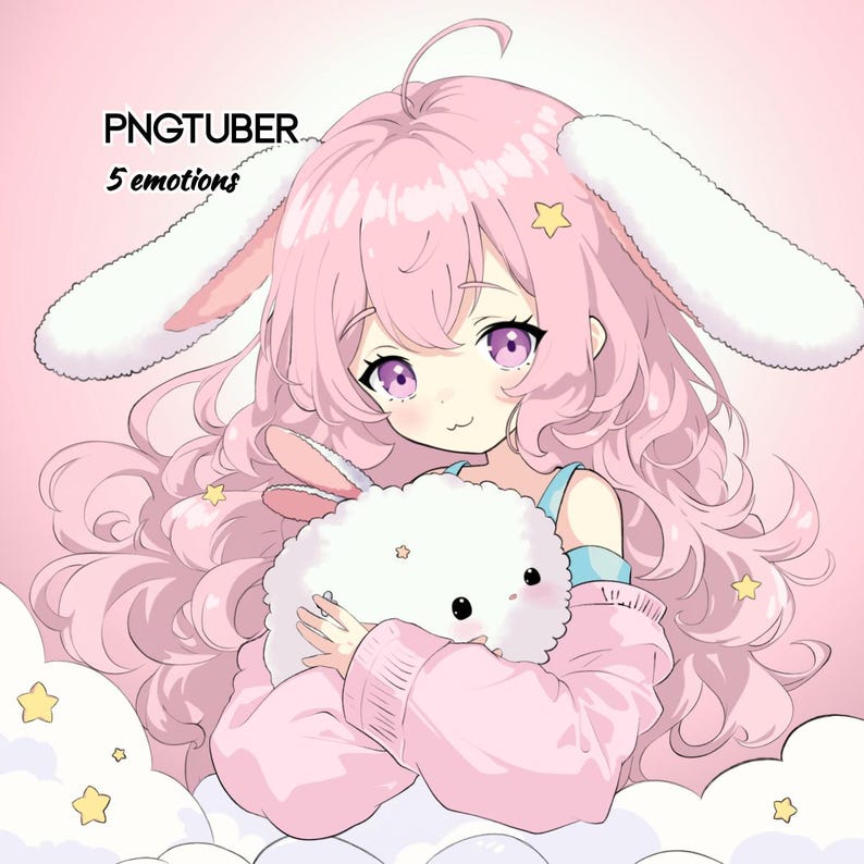 May include: A pink-haired anime girl with bunny ears and a white fluffy bunny plushie. She is wearing a pink sweater and a blue tank top. The background is a light pink with white clouds and yellow stars.