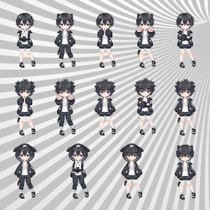 May include: A digital illustration of ten different black and white anime characters with different hairstyles and poses. The characters are wearing black and white clothing and have cat ears.