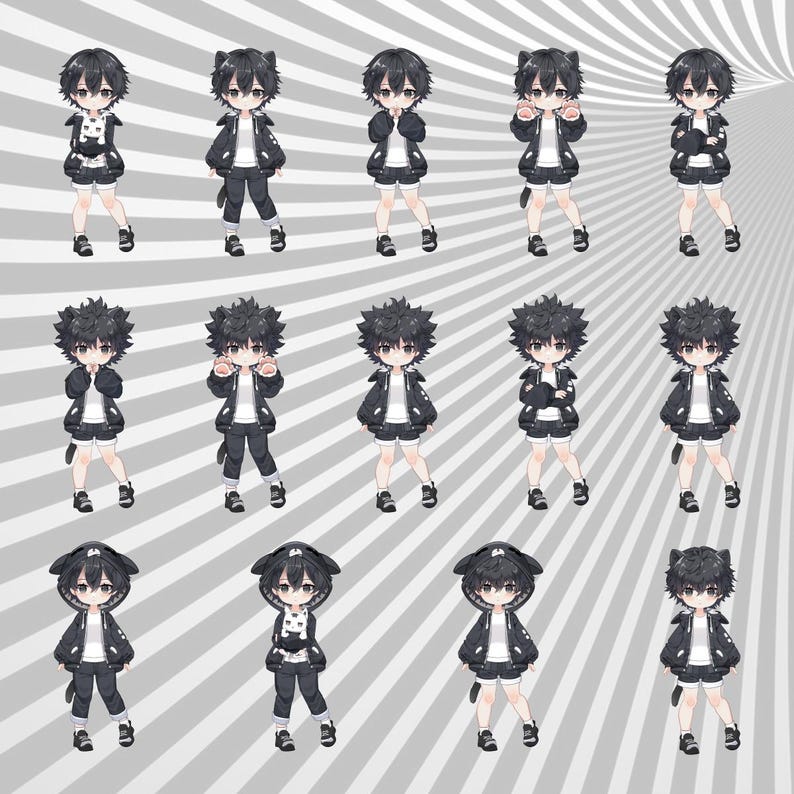 May include: A digital illustration of ten different black and white anime characters with different hairstyles and poses. The characters are wearing black and white clothing and have cat ears.