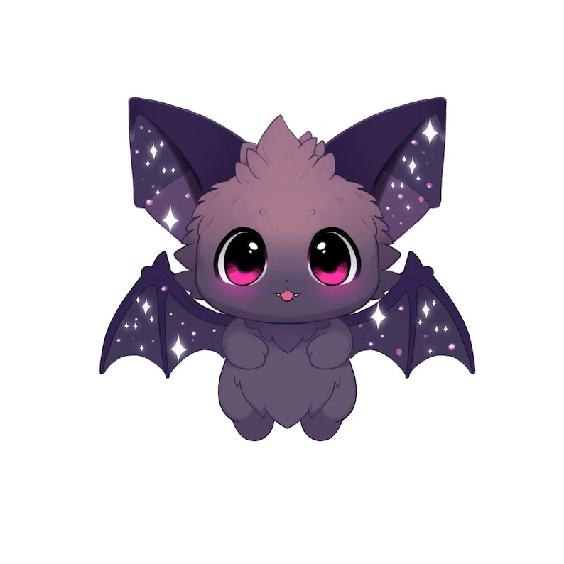 May include: A cartoon bat illustration. The bat is a shade of purple with darker purple wings and ears. The wings and ears have a starry night design with white stars. The bat has large, pink eyes and a small tongue. The background is white.