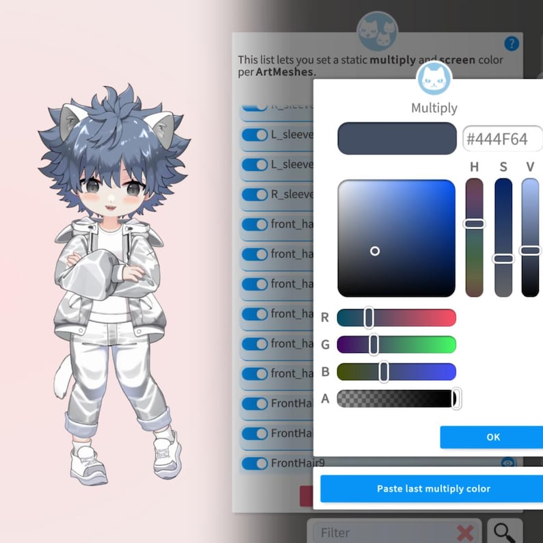 May include: A digital interface with a color picker tool. The color picker shows a blue gradient with a slider for hue, saturation, and value. The color code #444F64 is displayed above the slider.