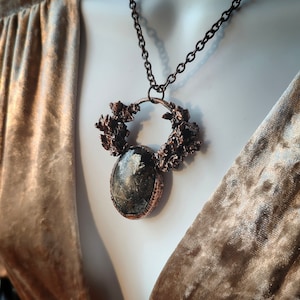 Hidden Forest Black Muscovite and Real Lichen Copper Electroform Pendant