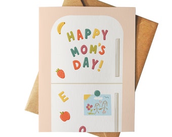 Mom's Day Fridge | Happy Mother's Day Card | Cute Illustrated Greeting Card | Colorful Nostalgic | Drawing on Fridge | Mom's Kitchen Magnets