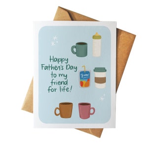 Gelukkige Vaderdag aan mijn vriend voor het leven | Vaderdag Geïllustreerde Wenskaart | Koffiekopje | Voor papa | Opgroeien Nostalgische melkfles