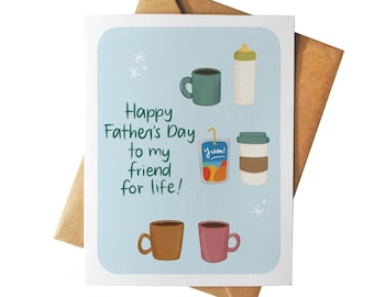 Happy Father's Day to My Friend for Life | Father’s Day Illustrated Greeting Card | Coffee Cup | For Dad | Growing Up Nostalgic Milk Bottle