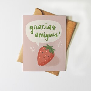 Gracias Amiguis | Fresita | Bedankkaart | Leuke Geïllustreerde | Punny Fruit Tekening | Latinx Grappige Dankbaarheid | Aardbei