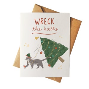 Détruire les halls | carte de vacances Funny Cat | | de cartes de vœux d’illustration mignonne Drôle de dessin de Noël | | amoureux des chats Chaton festif