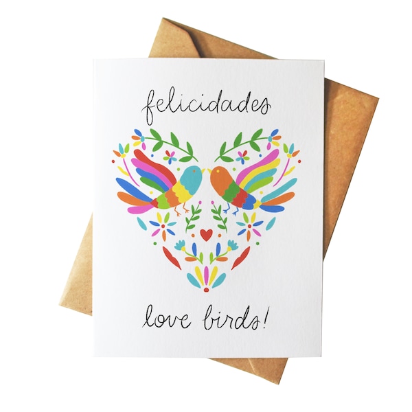 Felicidades Love Birds | Otomi Embroidery Inspired Greeting Card | Cute Mexican Wedding Congratulations Card | Latinx Culture | Artisan