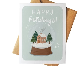 Happy Holidays Snow Globe | Christmas Greeting Card | Cute Hand-Drawn Illustration | Festive House Drawing | Cottagecore Design