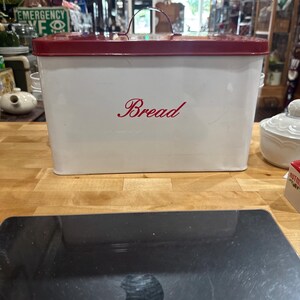 Large Vintage Metal Breadbox Red White Handles