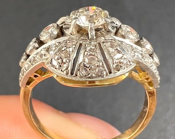 Antique 18ct Gold & Platinum, 1920s Art Deco Diamond Bombe Ring