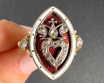 Antique 15ct Gold, Early Victorian Diamond & Red Enamel Crowned Heart Marquise Ring