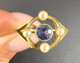 Antique 15ct Yellow Gold, Art Nouveau Sapphire and Pearl Target Ring