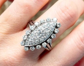 Vintage 18ct White Gold French Stamped, Marquise/Navette Shaped Diamond Ring