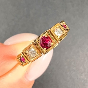 Antique 18ct Yellow Gold Stamped, Victorian Ruby & Diamond Five Stone Ring