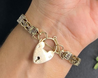 Bracelet Gate vintage en or rose 9 carats, années 1970 avec fermoir cadenas en forme de cœur