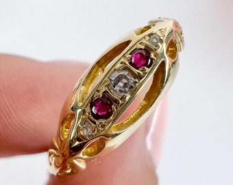 Antique 18ct Gold, Ruby & Diamond Boat Shaped Gypsy Ring, Hallmarked Birmingham 1920