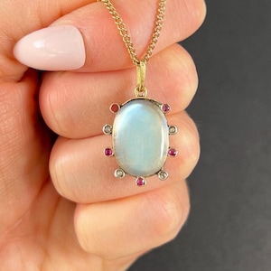Antique 15ct Gold & Platinum Edwardian Moonstone, Ruby, Diamond Pendant