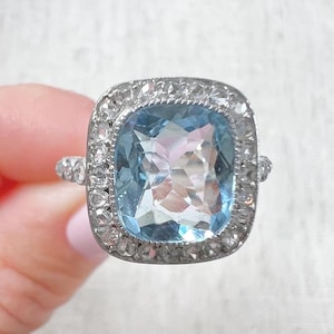 Vintage Platinum 1940s Aquamarine & Diamond Halo Cluster Ring