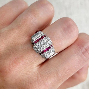 Antique Platinum Ruby & Diamond Art Deco Plaque Style Tank Ring